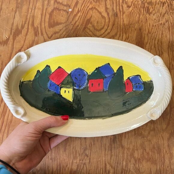 Handmade Art Pottery Tray Abstract Village Scene Colorful Catch-All Dish 12" - Picture 3 of 5